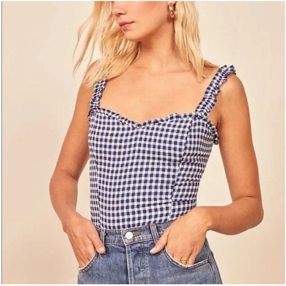 Reformation Havana Blue Gingham Top Size 6